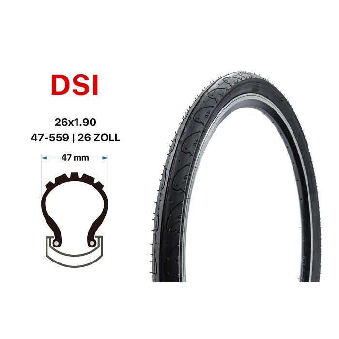 26 Zoll DSI Fahrrad Reifen 47-559 Mountain Bike MTB 26x1.90 Schwarz